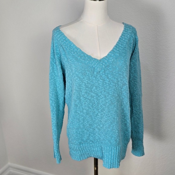 Vintage Y2K Old Navy Aqua Chunky Knit Wide V Neck Sweater Cotton Women M - Picture 11 of 13